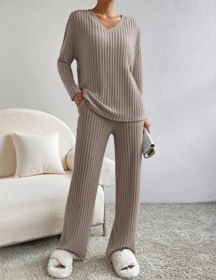 Conjunto feminino de suéter com decote em V e calça de pernas largas, fenda lateral, casual e versátil