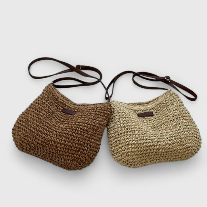Rosine | Boho Half-Moon Bag with Raphia Weave and Leather Strap