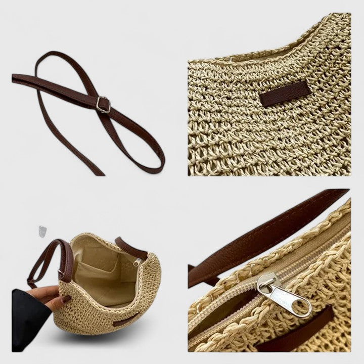 Rosine | Boho Half-Moon Bag with Raphia Weave and Leather Strap