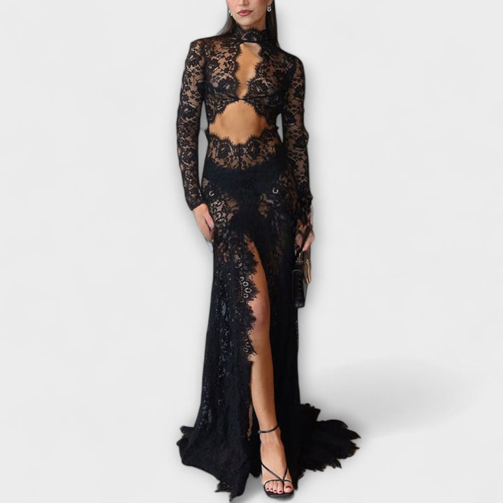Azalea - Maxi šaty s dlouhým rukávem, průhlednými výřezy a elastickým materiálem v barvě půlnoční elegance