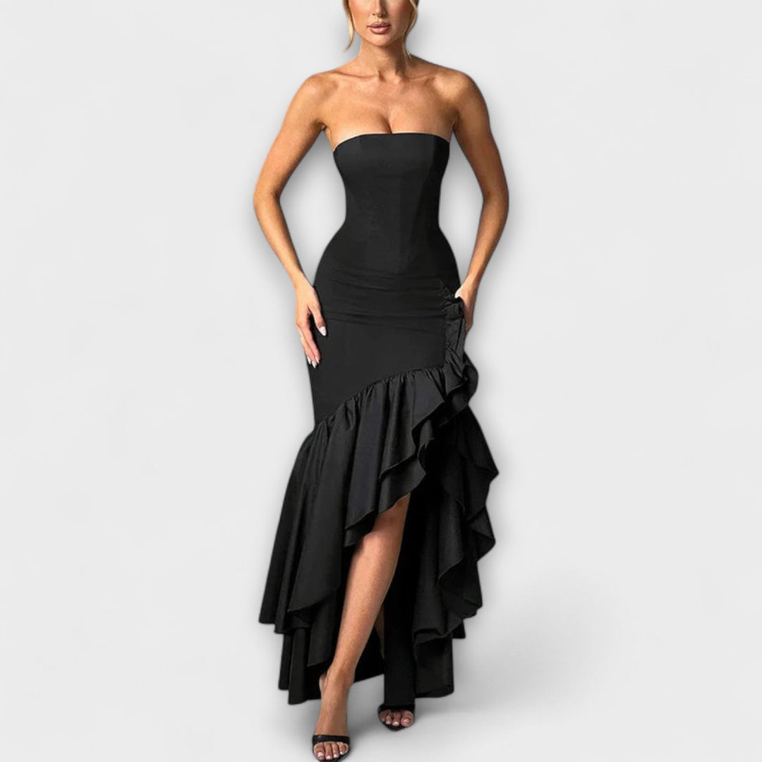 Zuri - Maxikleid mit Carmenausschnitt, schmaler Passform und asymmetrischem Saum