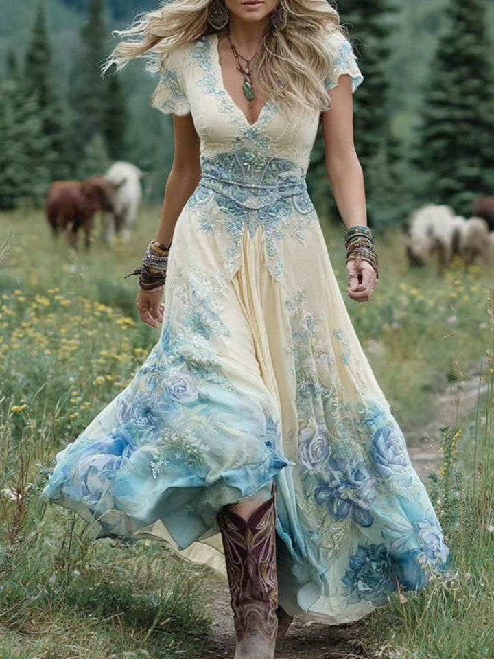 Elegantes Farbverlauf-Kurz-Maxikleid in Lila, Lavendel und Blumenmuster