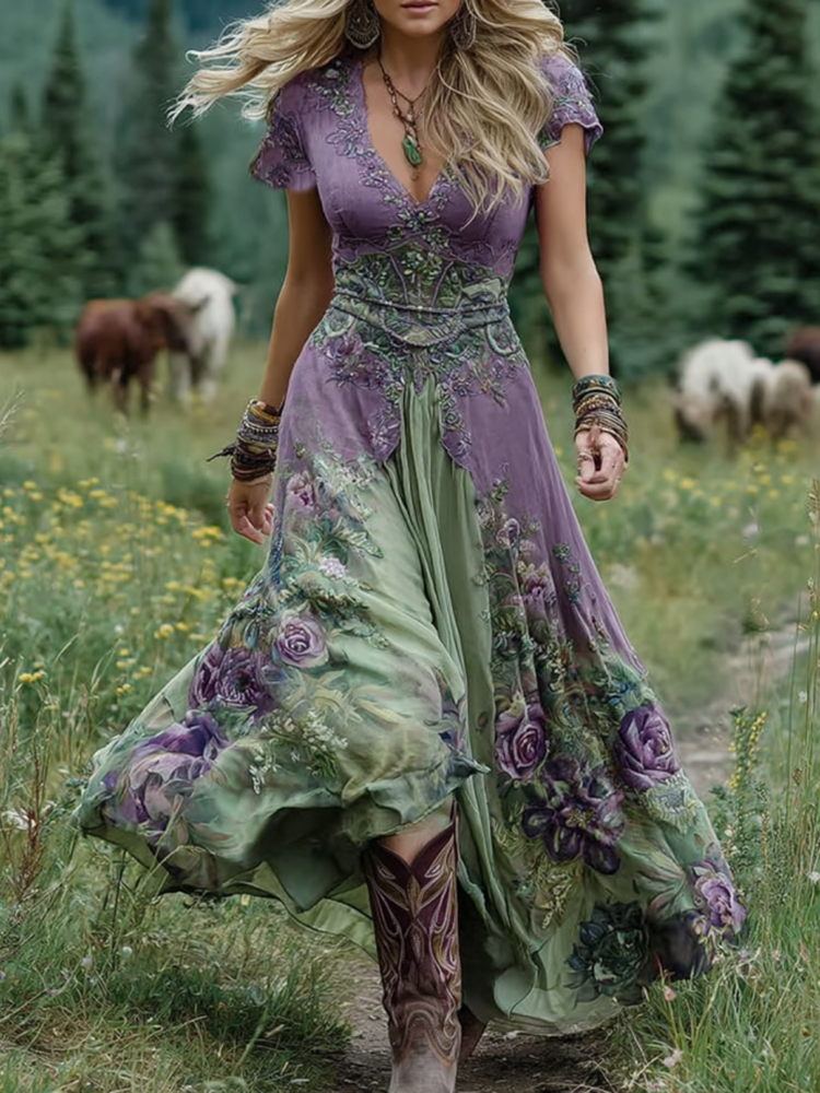 Elegantes Farbverlauf-Kurz-Maxikleid in Lila, Lavendel und Blumenmuster