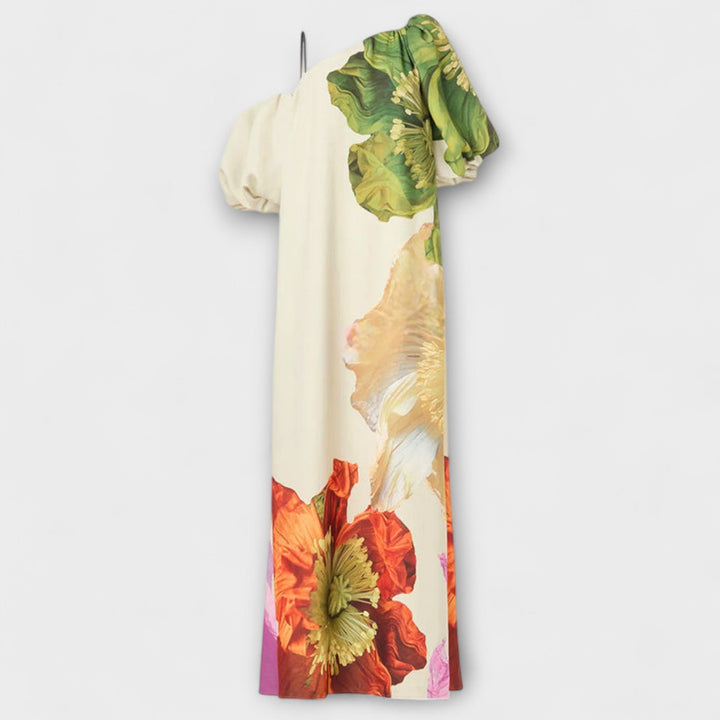 Skylar - Maxikjole med blomsterprint, asymmetrisk halsudskæring og pufærmer