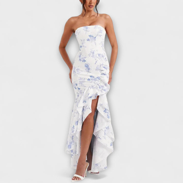 Zuri - Maxikleid mit Carmenausschnitt, schmaler Passform und asymmetrischem Saum