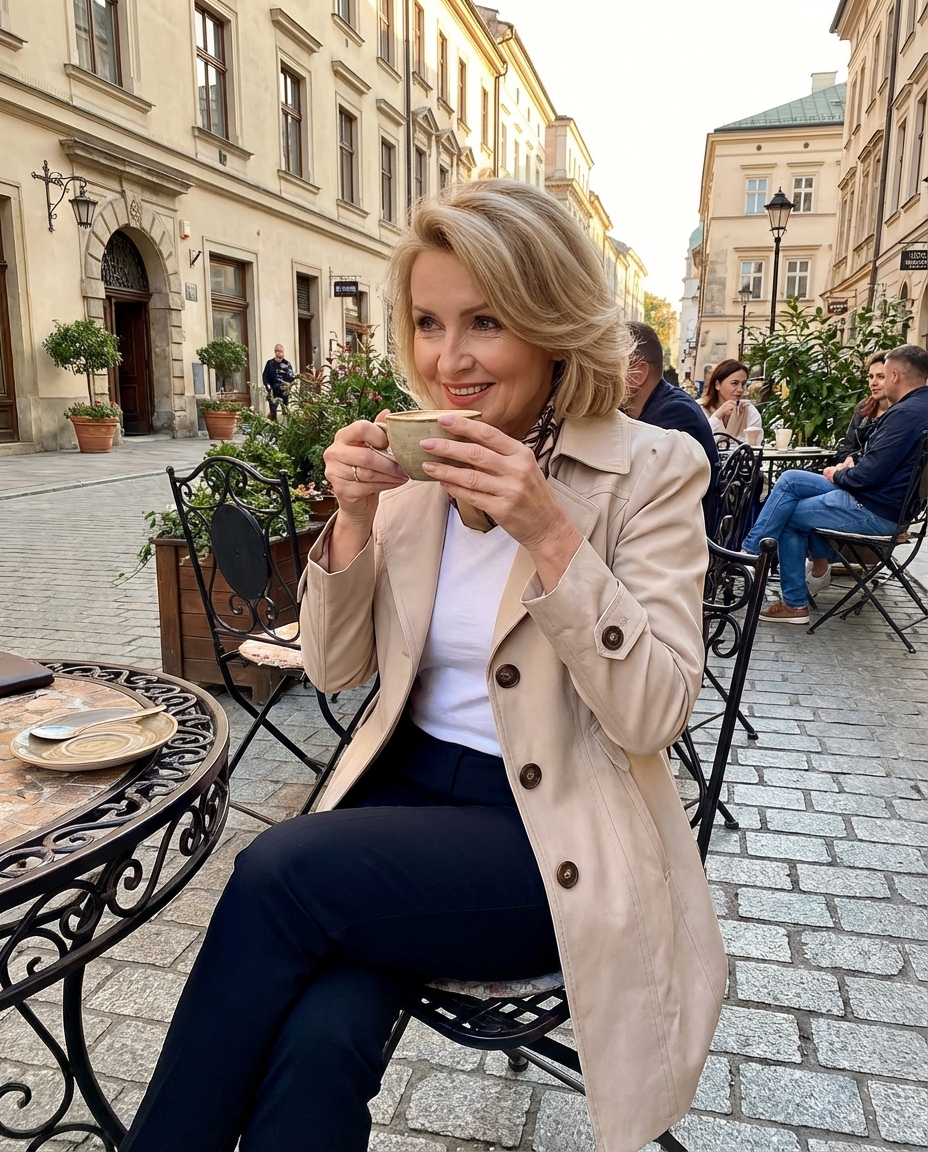 Trenchcoat lungo da donna con bottoni sul davanti e capospalla sartoriale