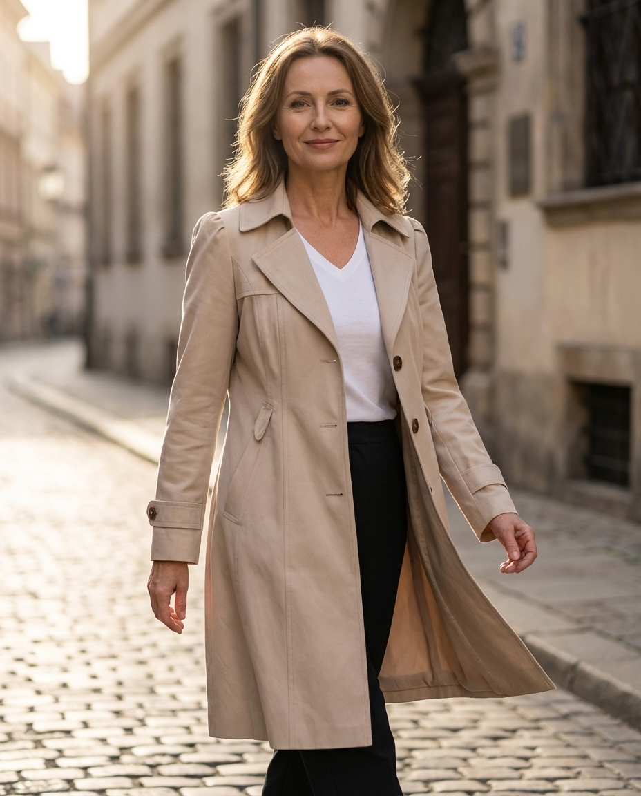 Trenchcoat lungo da donna con bottoni sul davanti e capospalla sartoriale