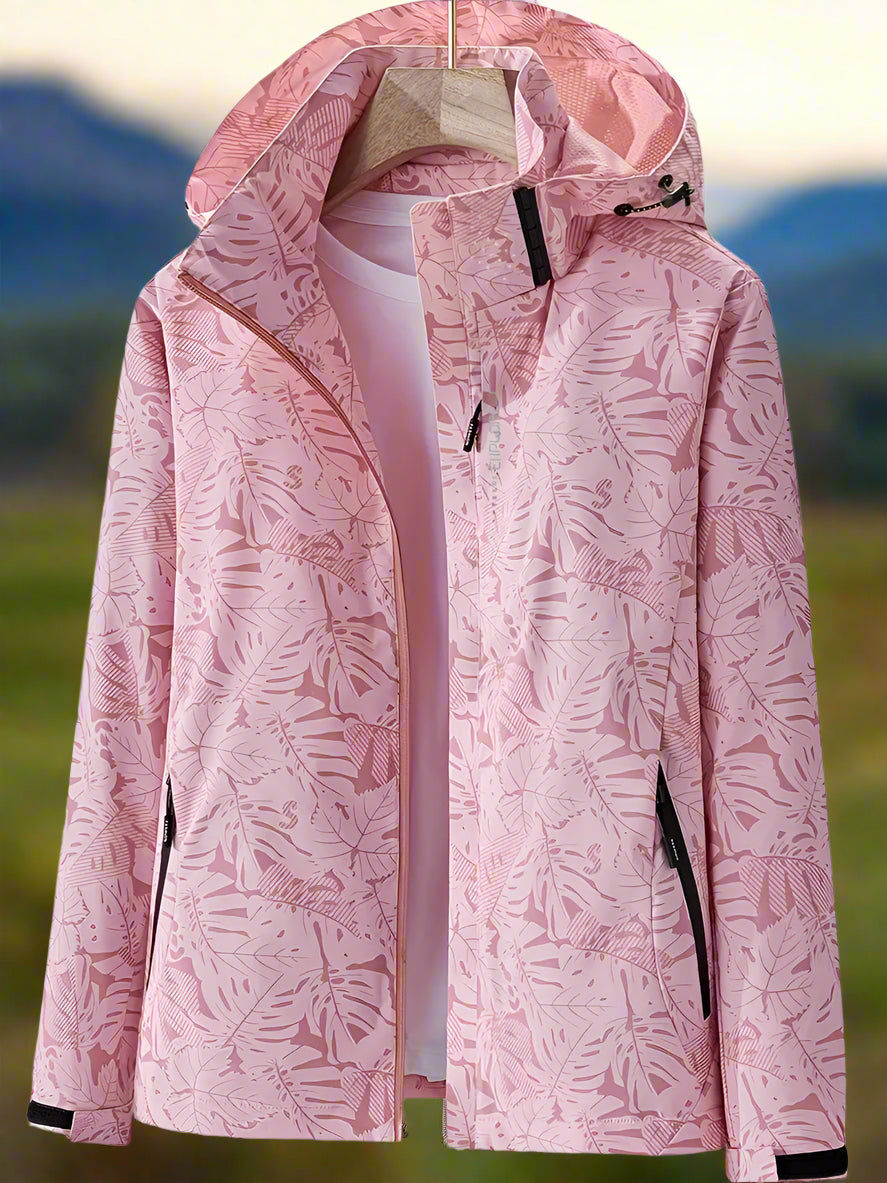 Giacca impermeabile da donna con cappuccio e stampa di foglie botaniche