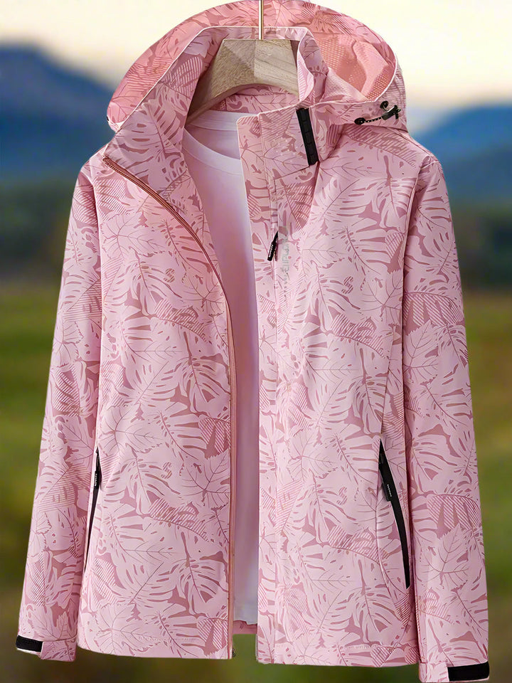 Giacca impermeabile da donna con cappuccio e stampa di foglie botaniche