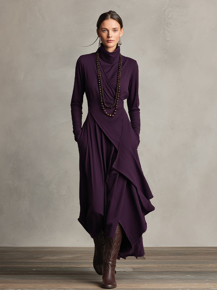Natalia | Asymmetrisk Maxi Strikket Kjole med Rullekrave