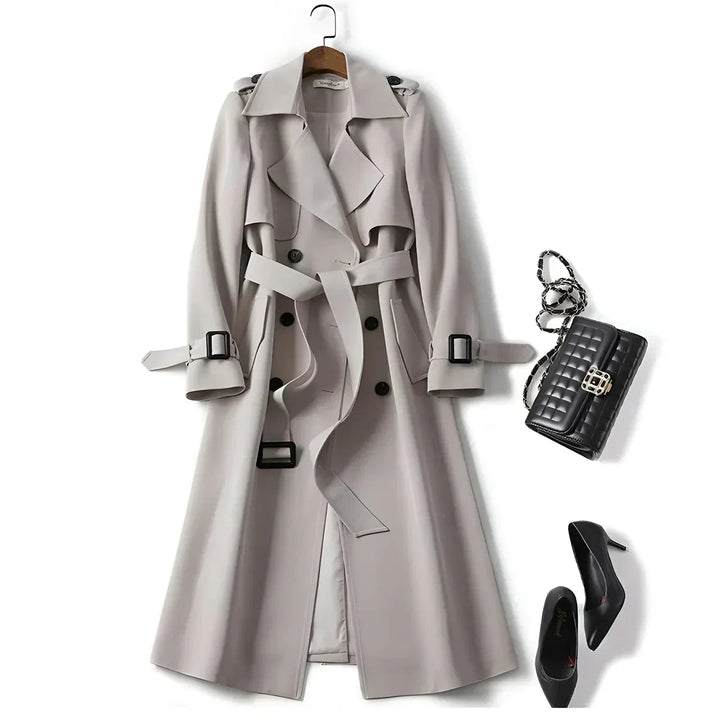 Langer Damen-Trenchcoat mit doppelreihiger Knopfleiste, Gürtel und Reverskragen