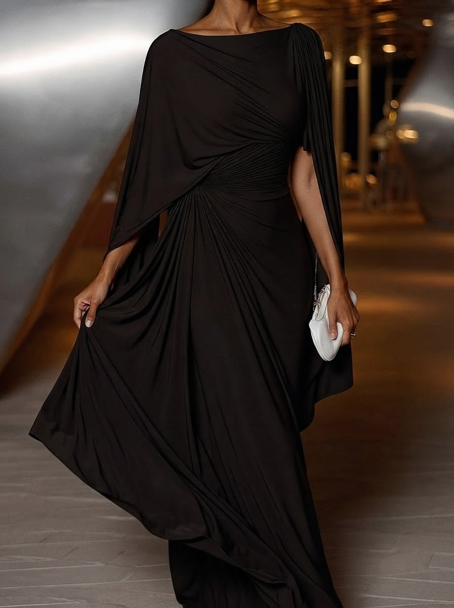 Melyssa™ Vestido Maxi Plissado com Drapeado