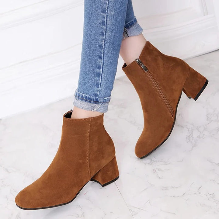 Women's Ankle Boots Suede Block Heel Side Zip Closure Versatile Casual