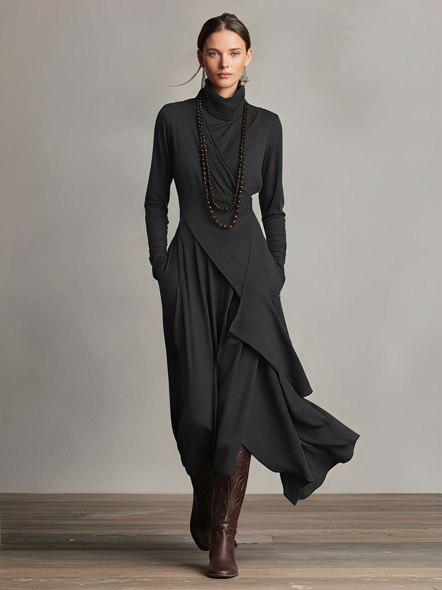 Natalia | Asymmetrisk Maxi Strikket Kjole med Rullekrave