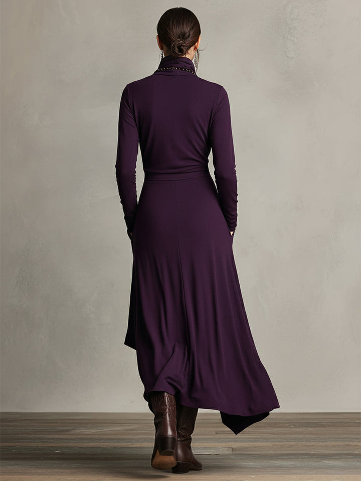 Natalia | Asymmetrisk Maxi Strikket Kjole med Rullekrave