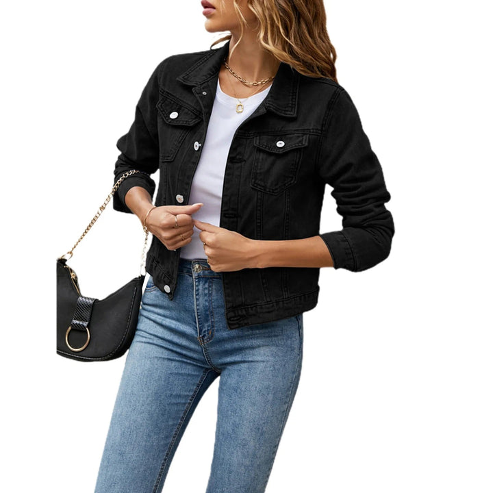 Jaqueta jeans feminina cropped com frente abotoada para sobreposição