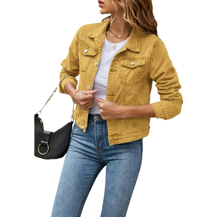 Jaqueta jeans feminina cropped com frente abotoada para sobreposição