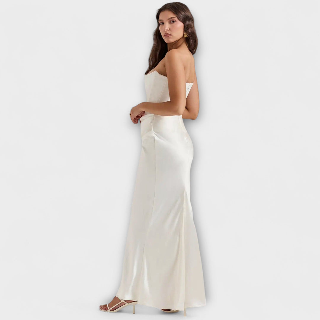 Off-the-Shoulder Satin Maxi Dress with Draping