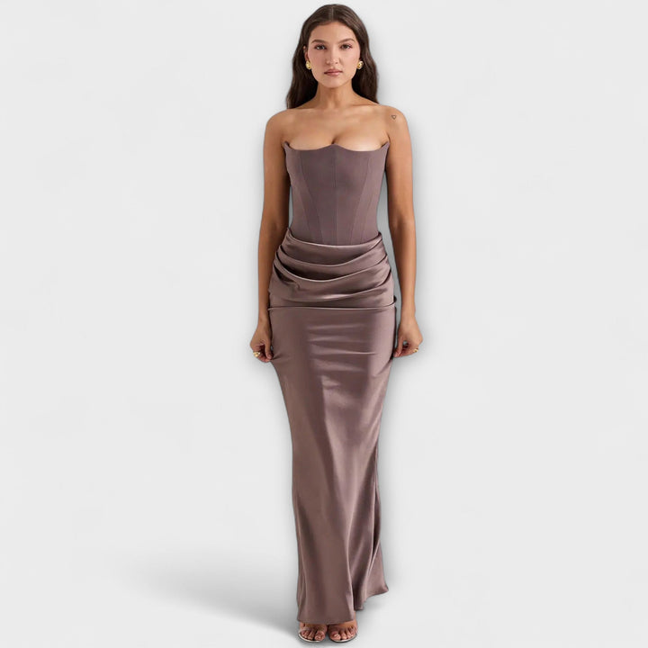 Off-the-Shoulder Satin Maxi Dress with Draping