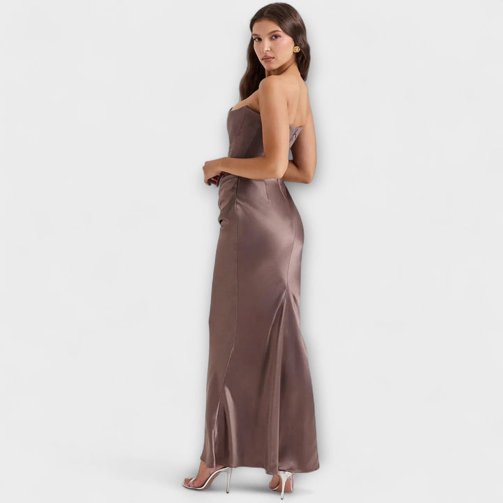 Off-the-Shoulder Satin Maxi Dress with Draping