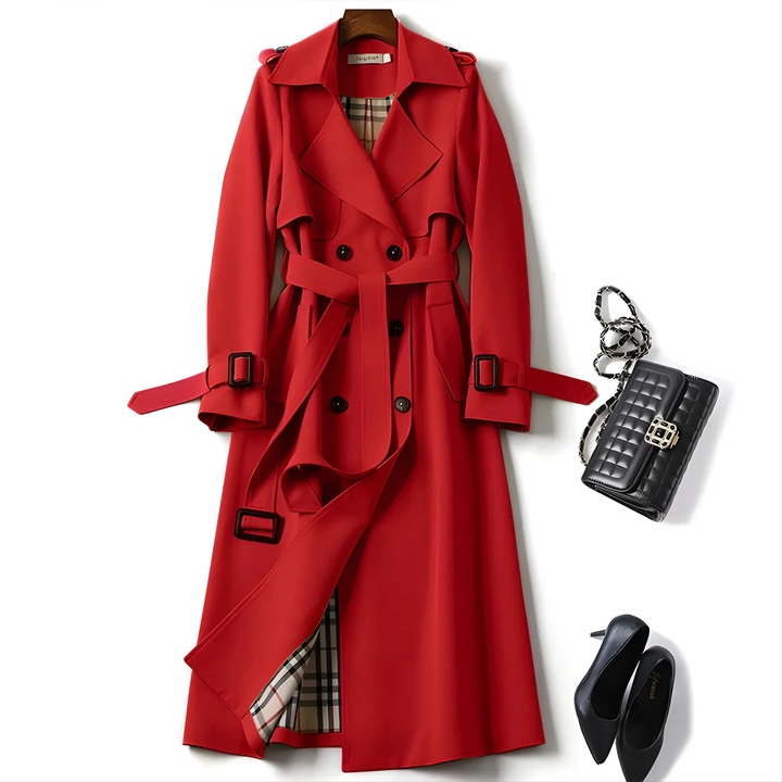 Langer Damen-Trenchcoat mit doppelreihiger Knopfleiste, Gürtel und Reverskragen