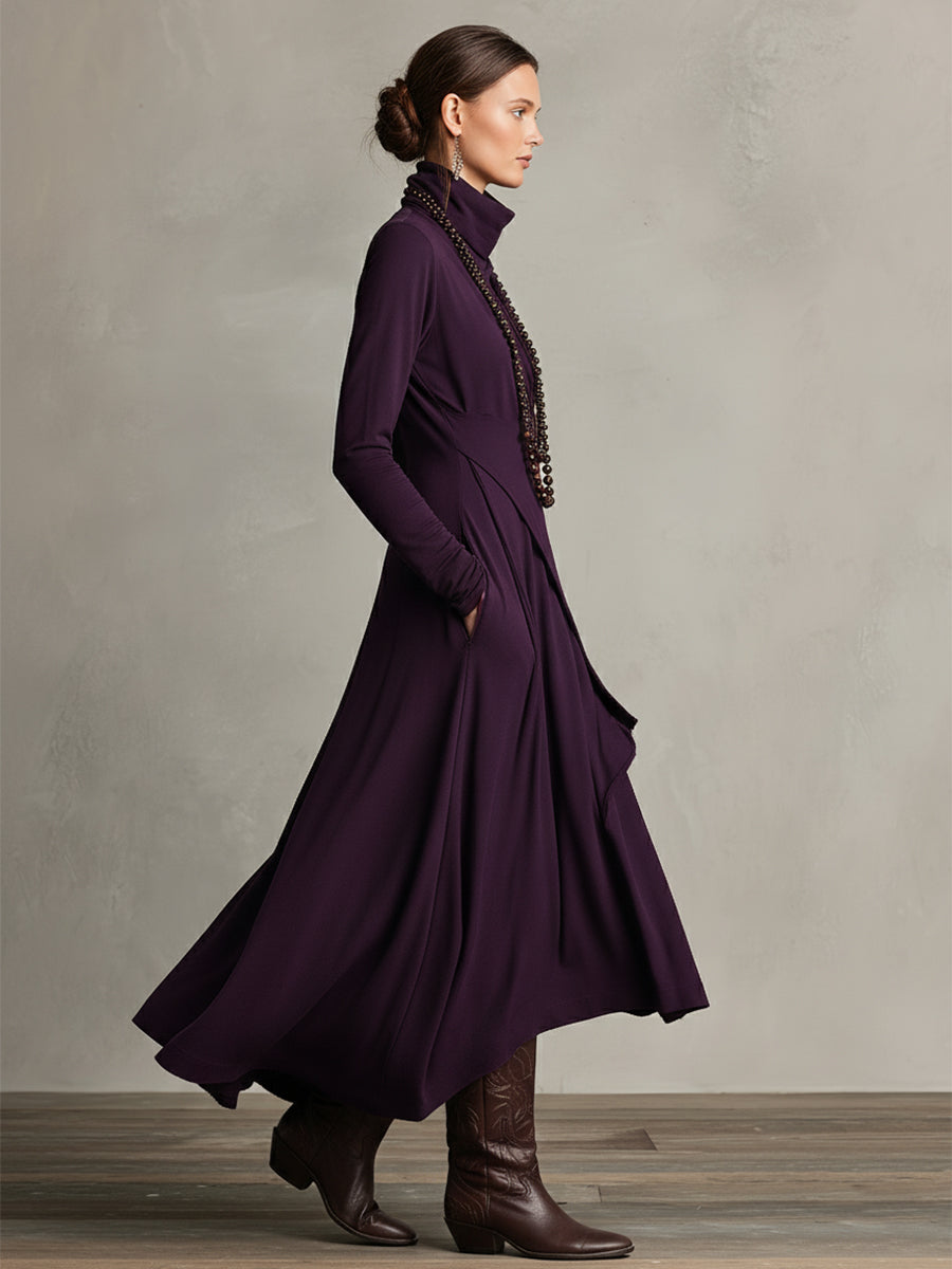 Natalia | Asymmetrisk Maxi Strikket Kjole med Rullekrave