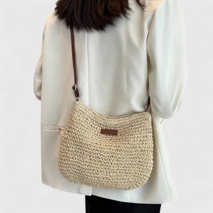 Rosine | Boho Half-Moon Bag with Raphia Weave and Leather Strap