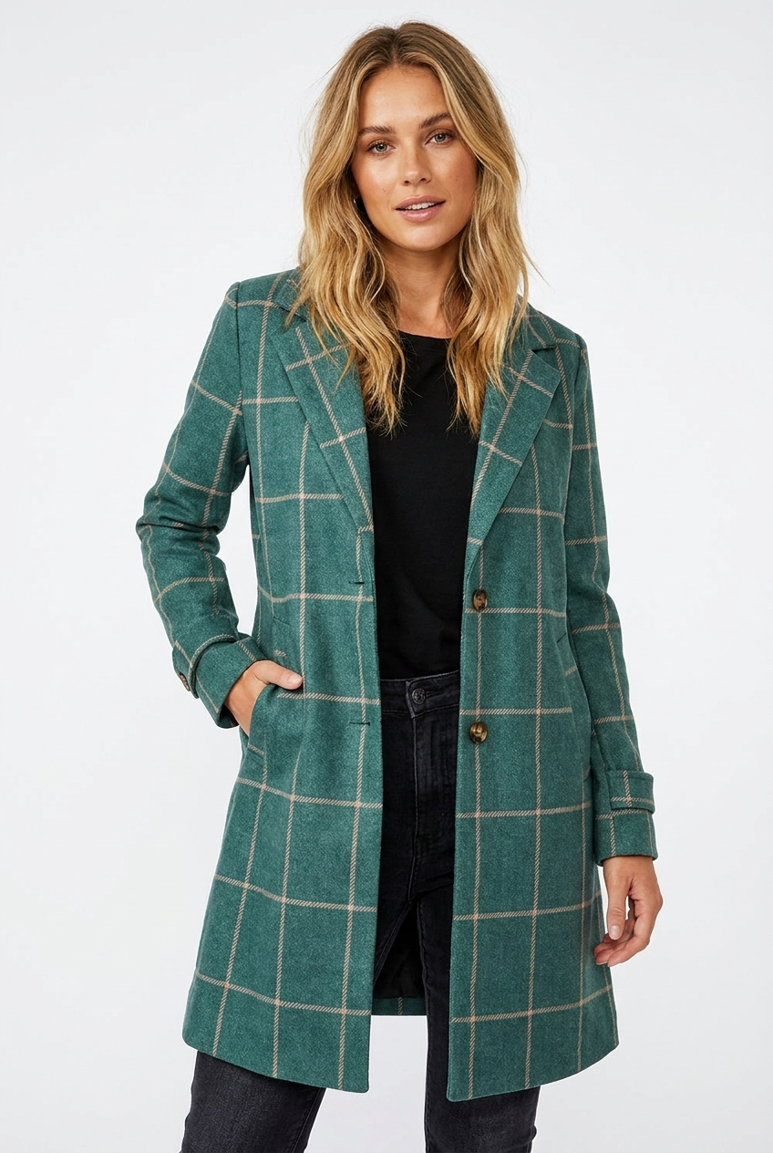 Guinevere | Raffinato trench da donna con motivo a quadri e revers a lancia
