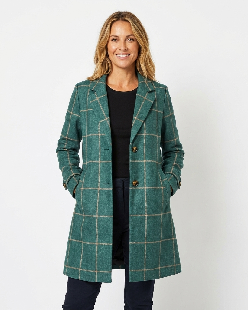 Guinevere | Raffinato trench da donna con motivo a quadri e revers a lancia