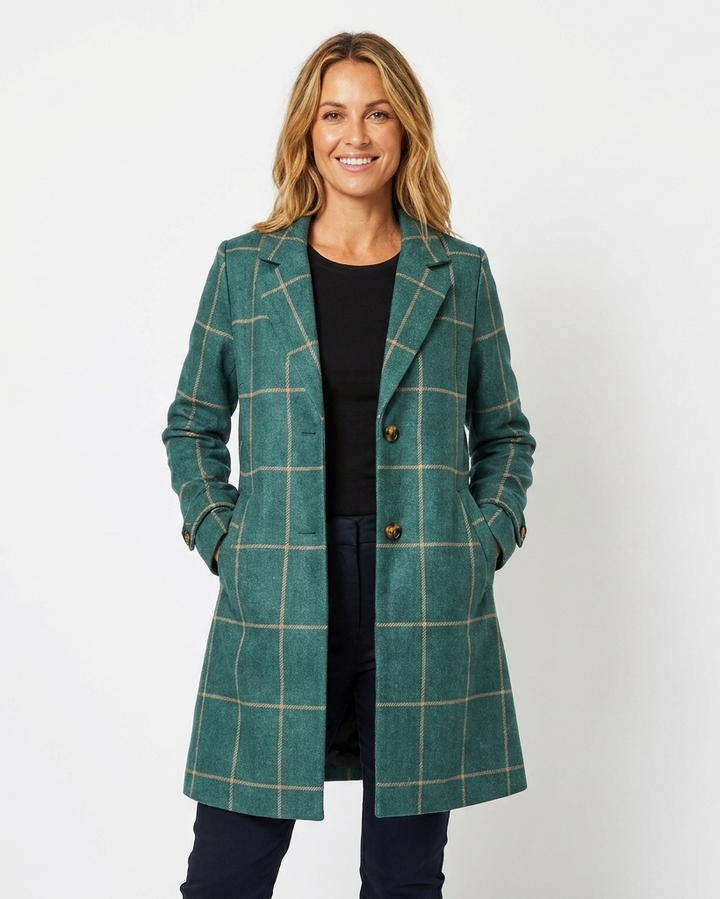 Guinevere | Raffinato trench da donna con motivo a quadri e revers a lancia