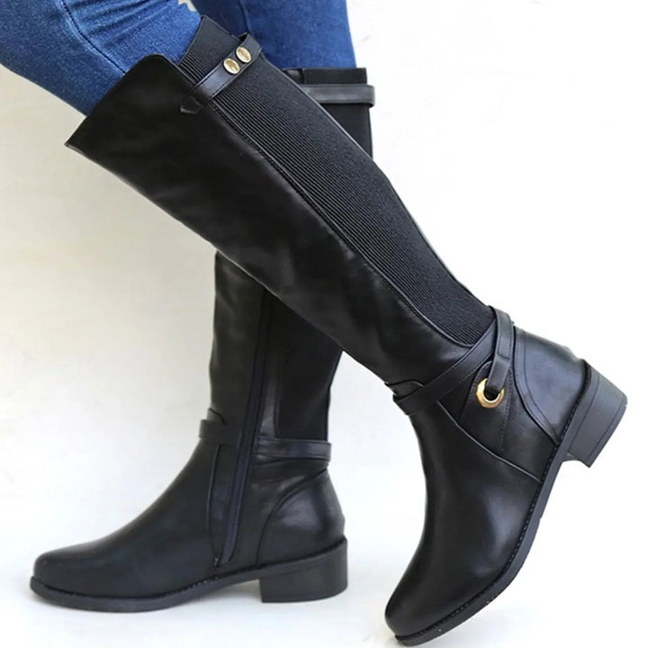 Alessandra | Botas de couro sofisticadas até o joelho, com painel elástico na panturrilha e salto bloco