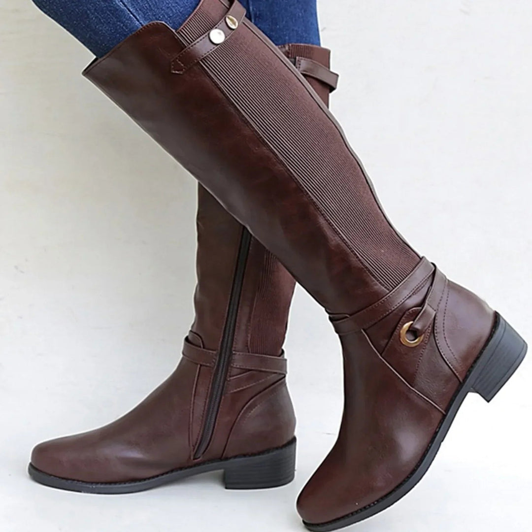 Alessandra | Botas de couro sofisticadas até o joelho, com painel elástico na panturrilha e salto bloco