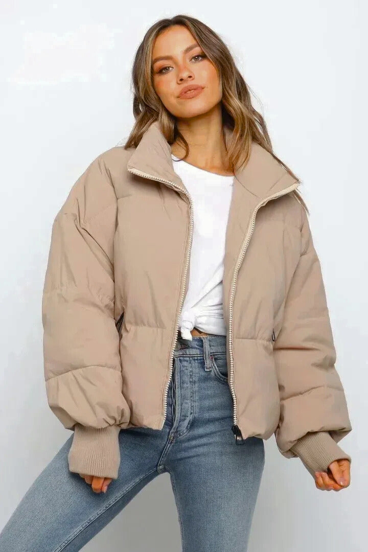 Honoria | Elegant Cropped Puffer Jacket with Ribbed Cuffs and Zip Closure