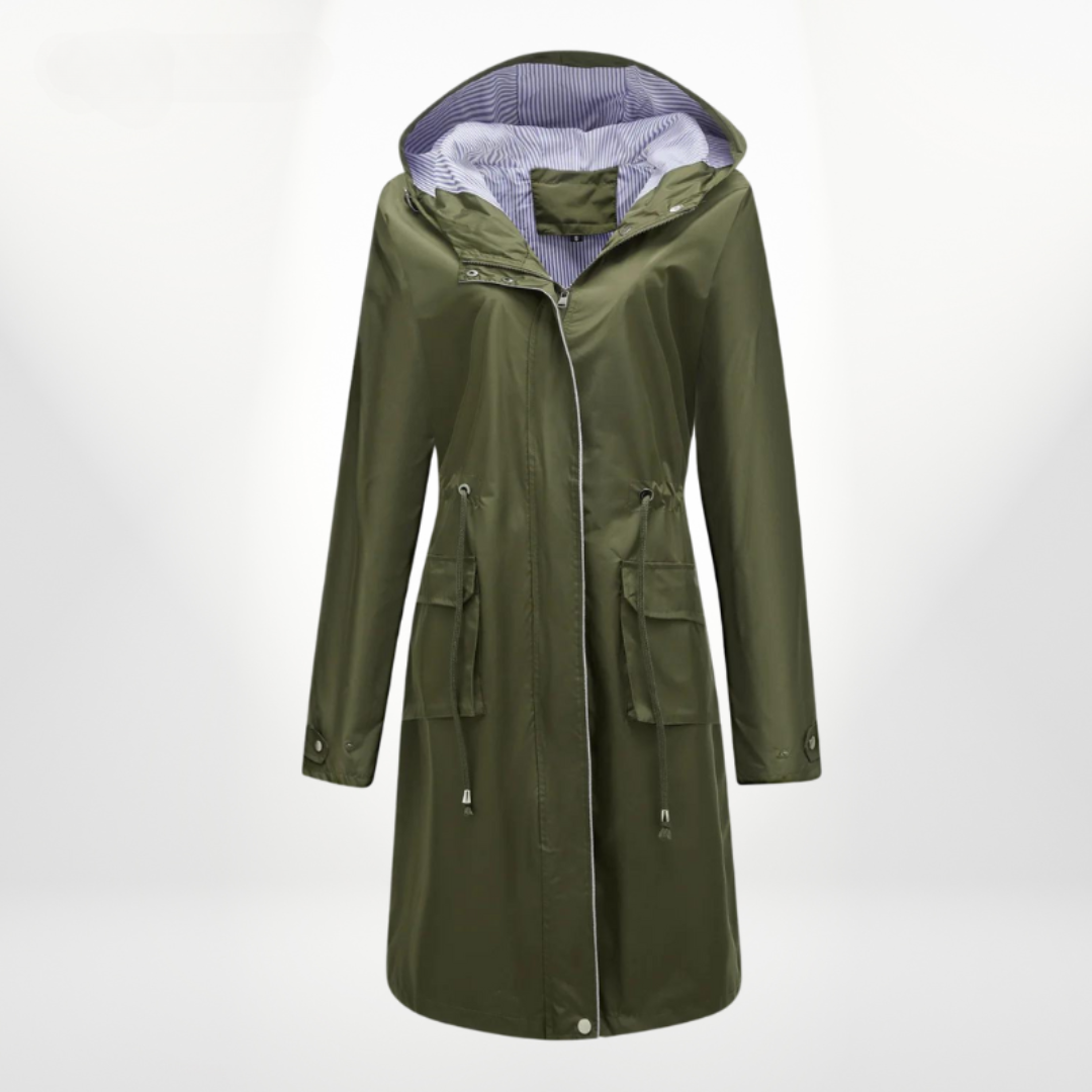 Freida | Practical Rain Jacket with Hooded Collar and Drawstring Waist